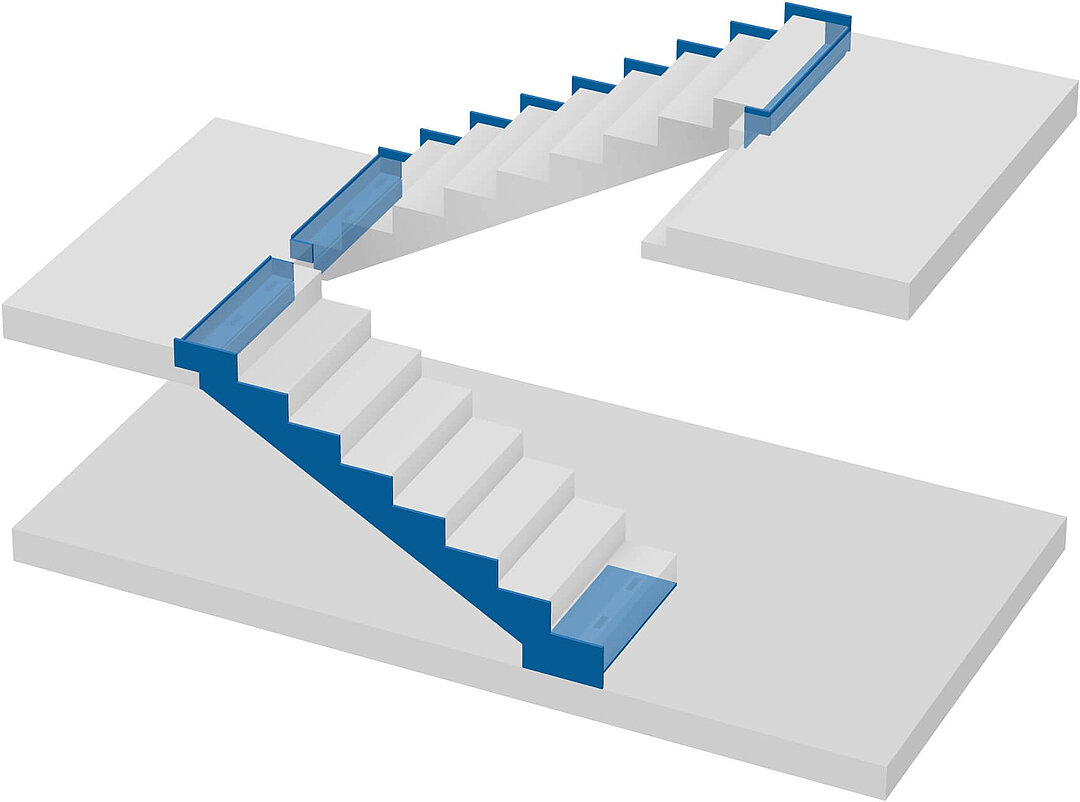 Gerader Treppenlauf, Treppenlauf entkoppelt, Podest mit schwimmend verlegtem Unterlagsboden